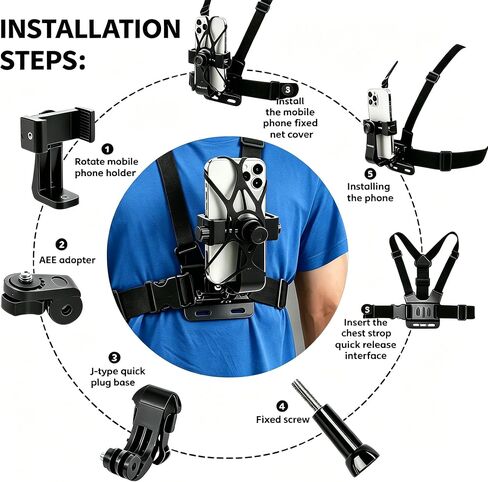Mobile Phone Chest Mount Harness Strap Holder Cell Phone Clip for Recording VLOG/POV, Accessories Kit Compatible for Most Action Camera and Cellphones in Kuwait