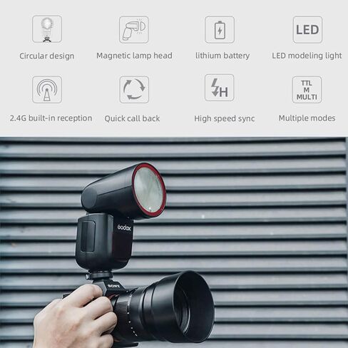 Godox V1-N Flash Speedlite for Nikon, 76Ws 2.4G X Wireless Round Head | 1.5s Recycle Time, 1/8000s HSS camera flash speedlight, 480 full-power flashes, 10 Levels LED modeling lamp in Saudi Arabia