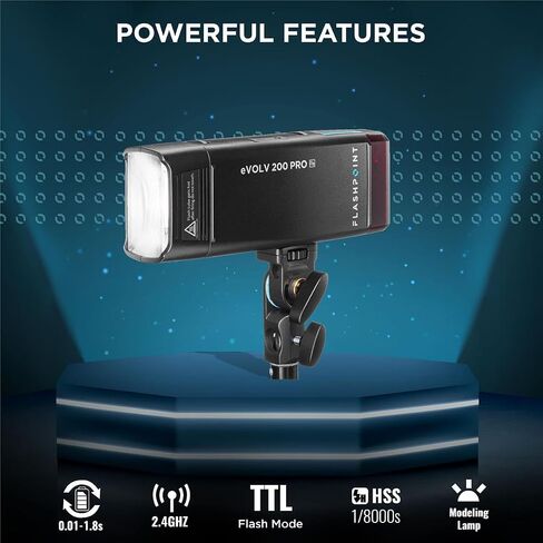 Flashpoint eVOLV 200 Pro TTL Pocket Flash Kit for Camera Strobe Light Photography, 200Ws, 1/8000 HSS, 500 Full Power Flashes, 0.01-1.8s Recycling w/2900mAh Battery, Bare Bulb/Speedlite Flash in Kuwait