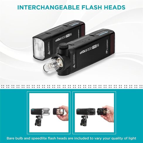 Flashpoint eVOLV 200 Pro TTL Pocket Flash Kit for Camera Strobe Light Photography, 200Ws, 1/8000 HSS, 500 Full Power Flashes, 0.01-1.8s Recycling w/2900mAh Battery, Bare Bulb/Speedlite Flash in Kuwait