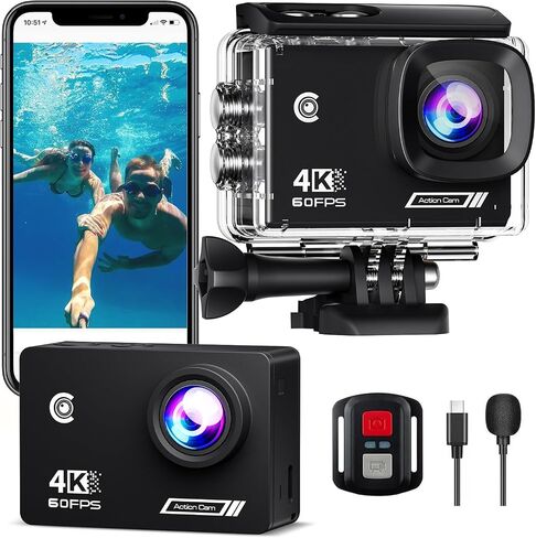Action Camera 4K30fps,HD Waterproof Camera 131ft Underwater Cameras 20MP Pre-Recording WiFi Camera 170° Remote Control Sports Cameras with 2 Batteries Helmet Mount Accessories Kits in Kuwait