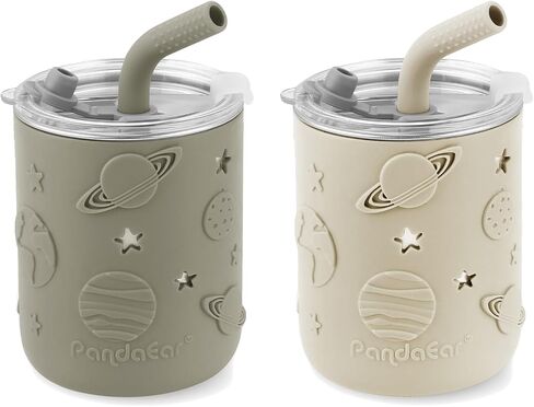 PandaEar 2 Pack Stainless Steel Cups with Lids & Silicone Sleeves | 8.8 oz Spill Proof Sippy Cups with Straw Stopper & Teething-Friendly Straws for Kids Children Ages 3+ (Beige & Khaki) in Kuwait
