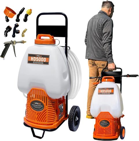 PetraTools Battery Powered Sprayer w/Cart & Retractable 100 ft Hose Reel | 6.5 Gallon Commercial-Grade Reel Cart Sprayer w/ 6-8 Hr Runtime, 7 Nozzles, 4 Ft Hose - For Big Yards, Landscapes, Driveways in Kuwait