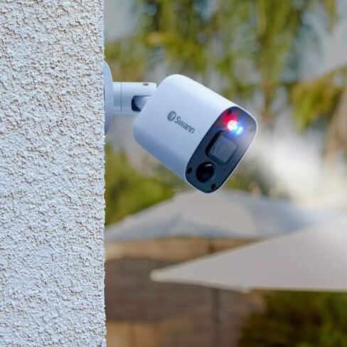 Swann Add-On DVR Flashing Light Bullet Camera with Sensor Spotlight, 4K UHD Video, Indoor or Outdoor Design, Dusk to Dawn Color Night Vision Plus True Detect Heat, Motion Detection, and One Way Audio in Kuwait