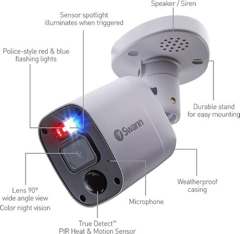 Swann Add-On DVR Flashing Light Bullet Camera with Sensor Spotlight, 4K UHD Video, Indoor or Outdoor Design, Dusk to Dawn Color Night Vision Plus True Detect Heat, Motion Detection, and One Way Audio in Kuwait