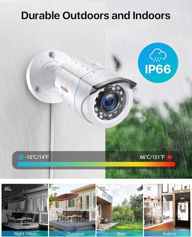 ZOSI 2MP 1080p HD Security Camera Outdoor, Hybrid 4-in-1 CVI/TVI/AHD/CVBS | 1920TVL Surveillance CCTV Bullet Camera, 24PCS LEDs, 80ft IR Night Vision, 90° View Angle, Weatherproof Design in Kuwait
