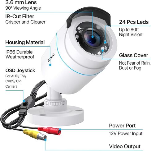 ZOSI 2MP 1080p HD Security Camera Outdoor, Hybrid 4-in-1 CVI/TVI/AHD/CVBS | 1920TVL Surveillance CCTV Bullet Camera, 24PCS LEDs, 80ft IR Night Vision, 90° View Angle, Weatherproof Design in Kuwait