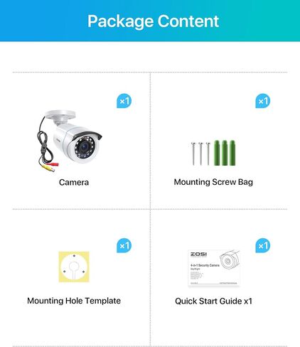 ZOSI 2MP 1080p HD Security Camera Outdoor, Hybrid 4-in-1 CVI/TVI/AHD/CVBS | 1920TVL Surveillance CCTV Bullet Camera, 24PCS LEDs, 80ft IR Night Vision, 90° View Angle, Weatherproof Design in Kuwait