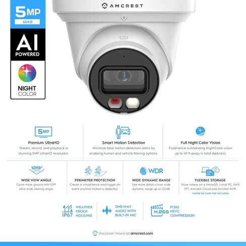 Amcrest 5MP AI Turret IP PoE Camera w/ 49ft Nightvision, Security IP Camera Outdoor, Built-in Mic, Human & Vehicle Detection, Active Deterrent, 129° FOV, 5MP@20fps IP5M-T1277EW-AI (Renewed) in Kuwait