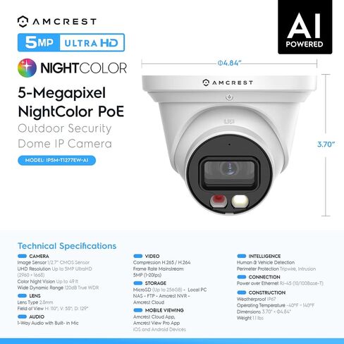 Amcrest 5MP AI Turret IP PoE Camera w/ 49ft Nightvision, Security IP Camera Outdoor, Built-in Mic, Human & Vehicle Detection, Active Deterrent, 129° FOV, 5MP@20fps IP5M-T1277EW-AI (Renewed) in Kuwait