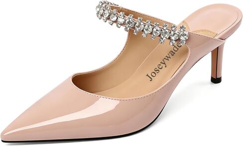 Joseywade Rhinestone Strap Pointed Toe Mules Pointed Toe Slip On 2.5 Inch Stiletto Kitten Heel Mules For Women Nude Patent Leather Bridal Party Wedding Office Fashion Heels US 9 in Kuwait