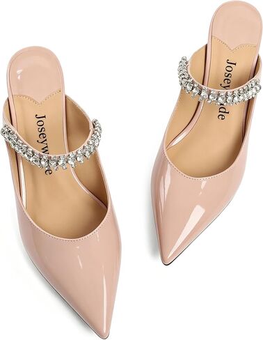 Joseywade Rhinestone Strap Pointed Toe Mules Pointed Toe Slip On 2.5 Inch Stiletto Kitten Heel Mules For Women Nude Patent Leather Bridal Party Wedding Office Fashion Heels US 9 in Kuwait