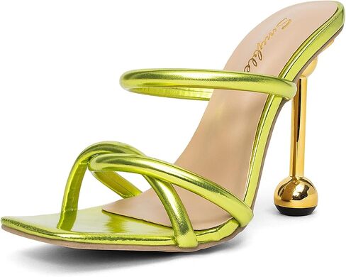Women's Square Open Toe Twisted Strappy Heeled Sandals 4.3 Inch Ball Stiletto Heel Metallic Green Slip On Ankle Strap Dress Party Shoes in Kuwait