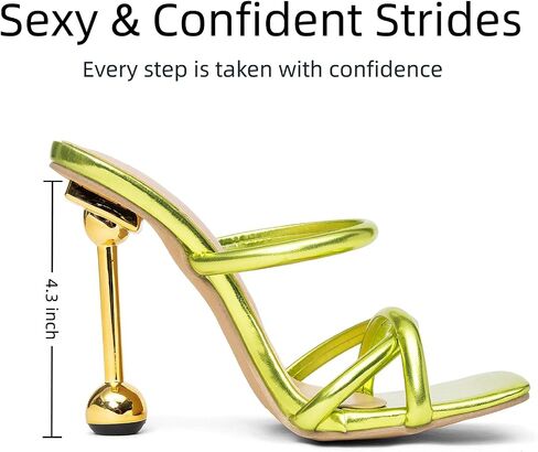 Women's Square Open Toe Twisted Strappy Heeled Sandals 4.3 Inch Ball Stiletto Heel Metallic Green Slip On Ankle Strap Dress Party Shoes in Kuwait