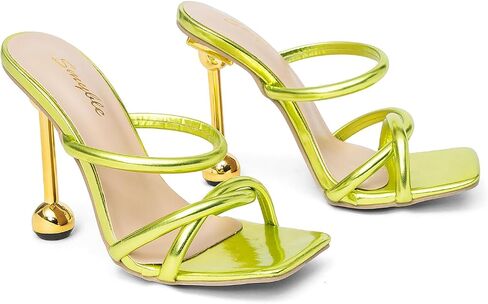 Women's Square Open Toe Twisted Strappy Heeled Sandals 4.3 Inch Ball Stiletto Heel Metallic Green Slip On Ankle Strap Dress Party Shoes in Kuwait