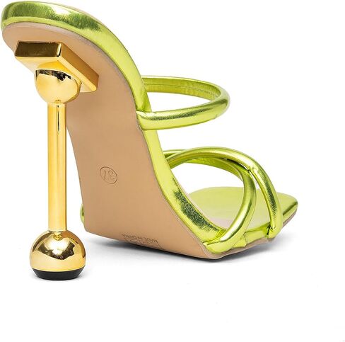 Women's Square Open Toe Twisted Strappy Heeled Sandals 4.3 Inch Ball Stiletto Heel Metallic Green Slip On Ankle Strap Dress Party Shoes in Kuwait