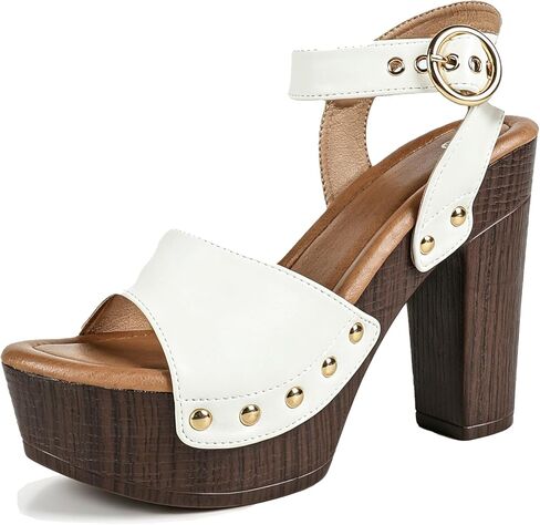 Women'S Rivet Wood Platform Block Heel Ankle Strap Sandals | Smooth Faux Leather Strap Decorated With Gold Metal Rivets, Adjustable Circle Buckle Ankle Strap, Textured Wood-Look Platform in Kuwait