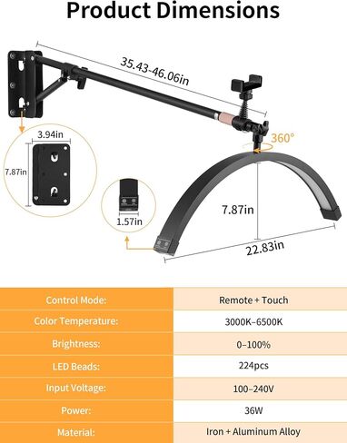 SITTO Wall Mounted Half Moon Beauty Light, LED Hanging Lash Lamp, Black | Beauty moon light with Phone Holder, Dimmable Brightness for Tattoo, Nail, Barbershop, Eyelash Extension, Skincare in Kuwait
