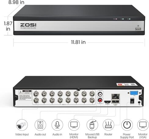 ZOSI 16 Channel 1080P Hybrid 4-in-1(TVI/AHD/CVI/CVBS) CCTV DVR with 2TB Hard Drive, AI Human/Vehicle Detection, H.265+ 16CH Surveillance Digital Video Recorder for 2MP Security Cameras, Remote Access in Kuwait