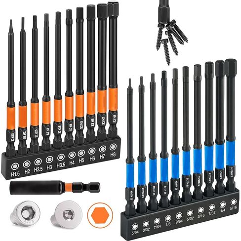 Allen Wrench Drill Bit Set 21pcs Hex Bit Set, Impact Driver Bit Set, Screwdriver Bit Set, Allen Wrenches Sets, 4" Long Metric&SAE 1/4" Hex Shank Magnetic Allen Key Drill Bits Sets with Storage Box in Kuwait