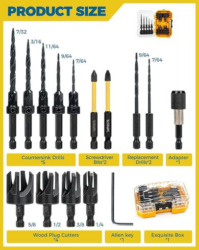 16PCS Countersink Drill Bit Set, Adjustable Depth Tapered Drill Bits with 4 Wood Plug Cutters & 1/4" Hex Shank, Counter Sink Drill Bit for Wood with Storage Box in Kuwait