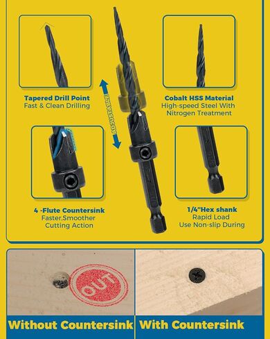 16PCS Countersink Drill Bit Set, Adjustable Depth Tapered Drill Bits with 4 Wood Plug Cutters & 1/4" Hex Shank, Counter Sink Drill Bit for Wood with Storage Box in Kuwait
