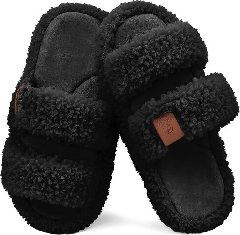 Women's Fuzzy Slippers - Soft Open Toe Slides with Memory Foam & Arch Support, Dual-Strap Warm Comfy Indoor House Shoes in Kuwait