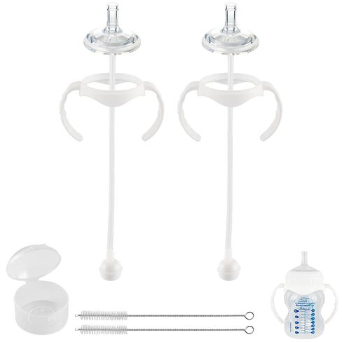 Sippy Straw Cup Conversion Kit for Dr Browns Wide-Neck Baby Bottles, Spill-Proof Transition Kit with Silicone Sippy Nipple, Weighted Straw, Handle, 2 Pack, 8m+ in Kuwait