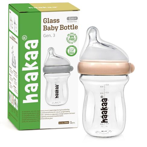 haakaa Gen.3 Natural Glass Baby Bottle 6.3 oz.180ml - Wide Neck, Anti-Colic Varibale Flow Nipple for 6m+ Breastfed Babies, Newborn Registry Essentials,BPA-Free -1 PK in Kuwait