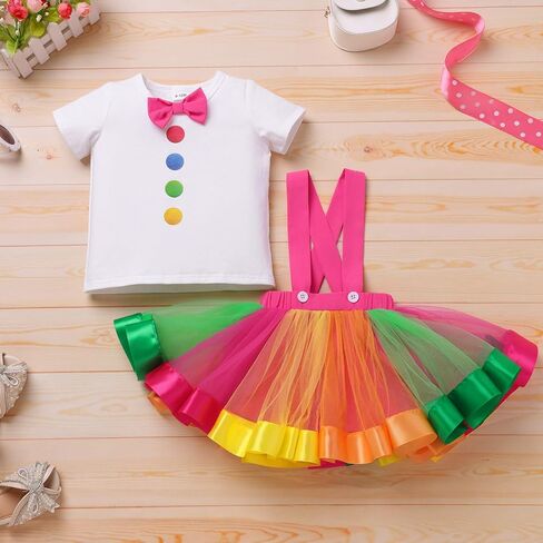 IBTOM CASTLE Toddler Baby Girl Clown Circus Outfit Short Sleeve Bowknot T-shirt Top and Rainbow Suspender Skirt 2pcs Set 1st 2nd 3rd 4th Birthday Cake Smash Photoshoot Dresses Pink 2-3 T in Kuwait