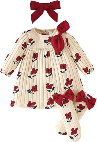 3Pcs Baby Girl Dress Infant Long Sleeve Outfit with Bow Headband+Socks Infant Cute Print Clothes for 1-12 Months in Kuwait