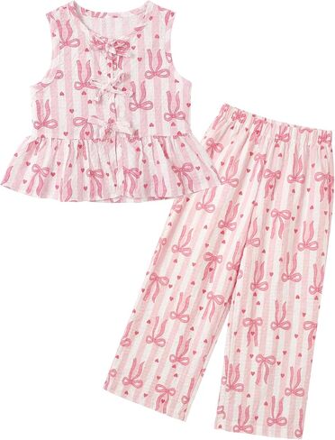 Girls Summer Clothes With Bows, Two-Piece Girl Clothes Set, 2-5 Year Matching Sleeveless Ruffle Tops Long Pants Set in Kuwait