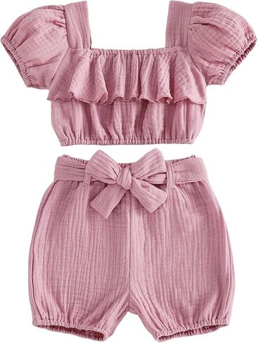 Adobabirl Baby Girl Summer Clothes Toddler Outfit Linen Short Sleeve Ruffle Shirt Crop Top and Belted Shorts 2 Piece Set in Kuwait