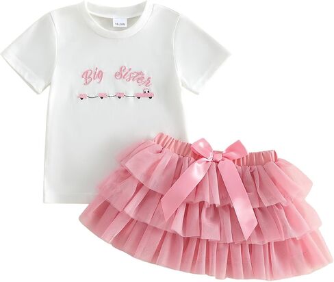 GOOCHEER Big Sister Outfit Toddler Girl Short Sleeve T-Shirt Top and Tulle Skirt Summer 2 Piece Clothes Set in Kuwait