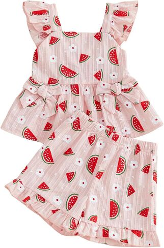 PUHHAPIEY Toddler Baby Girls Summer Outfit Watermelon Ruffle Tank Short | 6 12 18 24 Month 2T 3T Girl Clothes, Sleeveless Ruffle Dress Top + Short Set, Watermelon Outfit, Soft and Breathable, Cute in Kuwait