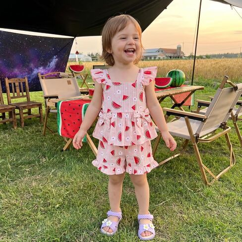 PUHHAPIEY Toddler Baby Girls Summer Outfit Watermelon Ruffle Tank Short | 6 12 18 24 Month 2T 3T Girl Clothes, Sleeveless Ruffle Dress Top + Short Set, Watermelon Outfit, Soft and Breathable, Cute in Kuwait