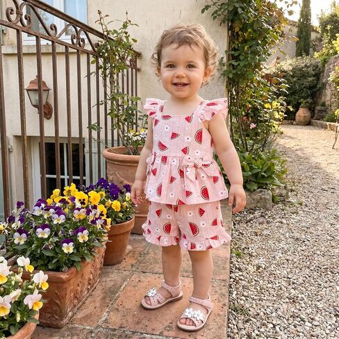 PUHHAPIEY Toddler Baby Girls Summer Outfit Watermelon Ruffle Tank Short | 6 12 18 24 Month 2T 3T Girl Clothes, Sleeveless Ruffle Dress Top + Short Set, Watermelon Outfit, Soft and Breathable, Cute in Kuwait