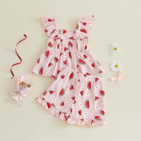 PUHHAPIEY Toddler Baby Girls Summer Outfit Watermelon Ruffle Tank Short | 6 12 18 24 Month 2T 3T Girl Clothes, Sleeveless Ruffle Dress Top + Short Set, Watermelon Outfit, Soft and Breathable, Cute in Kuwait