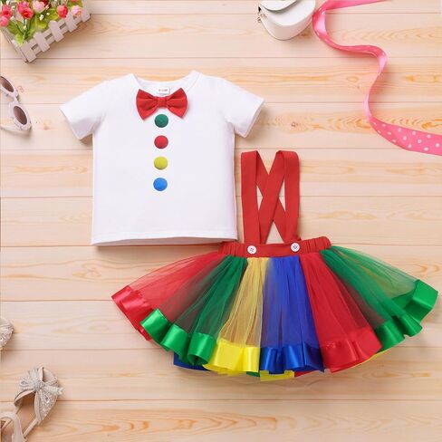 IBTOM CASTLE Toddler Baby Girl Clown Circus Outfit Short Sleeve Bowknot T-shirt Top and Rainbow Suspender Skirt 2pcs Set 1st 2nd 3rd 4th Birthday Cake Smash Photoshoot Dresses Red 4-5T in Kuwait