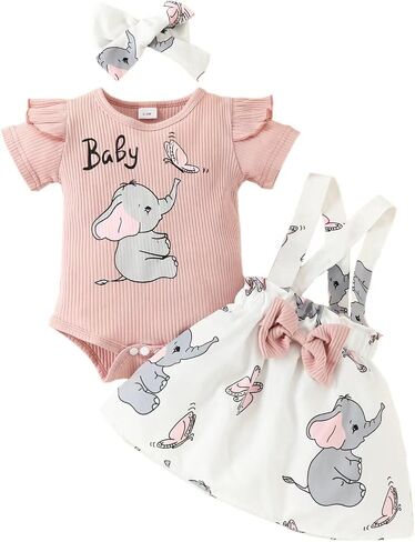 Newborn Baby Girl Summer Clothes Elephant Romper Skirt Set Headband | Elephant Print Ruffle Short Sleeve Bubble Romper Ribbed Knit Onesie Suspender Skirt Set Bow Headband Cute Spring Fall Clothes in Kuwait