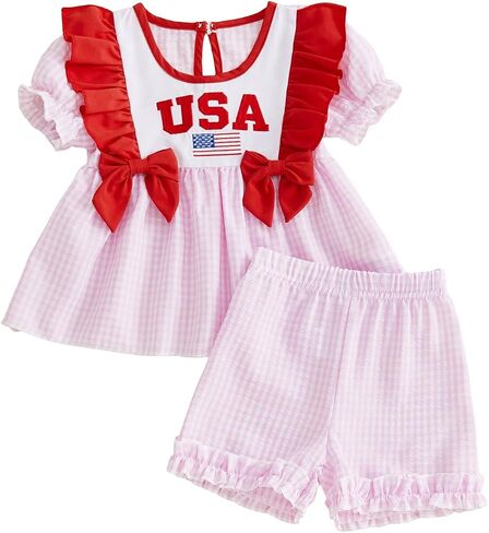 Infant Toddler Baby Girl 4th of July Outfit USA Flag/Firework Smocked Short Sleeve Ruffle Dress Top Plaid Shorts Set in Kuwait