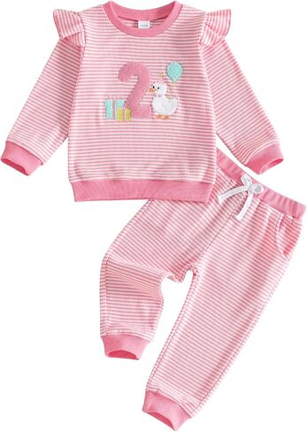 GOOCHEER Baby Girl First/Second Birthday Outfit Sweatshirt Pants Set | 1 / 2 Goose Embroidered, Ruffle Long Sleeve Pullover Top, Crewneck, Striped, Cake Smash Clothes for Girls in Kuwait