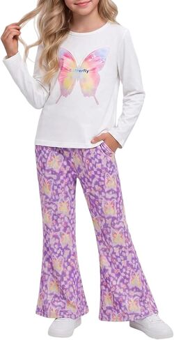 Toddler Girl Clothes, Fall Butterfly Print Flare Pants 2 Piece Casual Outfit Set in Kuwait