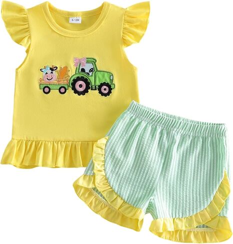 GOOCHEER Toddler Baby Girl Summer Outfit Tractor God Is Good Flying Sleeve Tank Shirt Tops Ruffle Shorts Set Farm Clothes in Kuwait