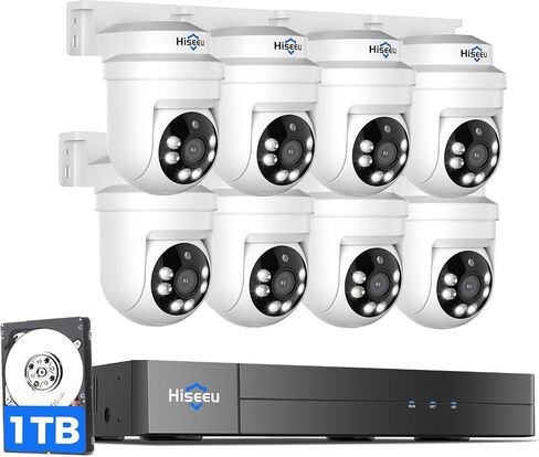 Hiseeu 3K PTZ Wired Security Camera System Outdoor with Audio | Color Night Vision,8 x 5MP IP67 CCTV Cameras,5MP DVR 8CH,1TB HDD,360°Coverage,Person/Vehicle Detection,Alarm Spotlight in Kuwait