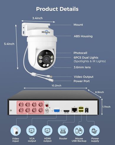 Hiseeu 3K PTZ Wired Security Camera System Outdoor with Audio | Color Night Vision,8 x 5MP IP67 CCTV Cameras,5MP DVR 8CH,1TB HDD,360°Coverage,Person/Vehicle Detection,Alarm Spotlight in Kuwait
