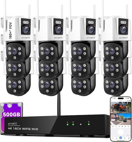 xmartO [Dual-Image Wide FOV 16CH Security Camera System Wireless, 12-Set 2-in-1 Cameras, 4K Long Range WiFi 6 Surveillance NVR, Pan Tilt Zoom 4MP QHD Home CCTV Camera Set with 500GB, 7/24 Record in Kuwait