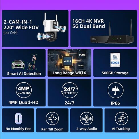 xmartO [Dual-Image Wide FOV 16CH Security Camera System Wireless, 12-Set 2-in-1 Cameras, 4K Long Range WiFi 6 Surveillance NVR, Pan Tilt Zoom 4MP QHD Home CCTV Camera Set with 500GB, 7/24 Record in Kuwait