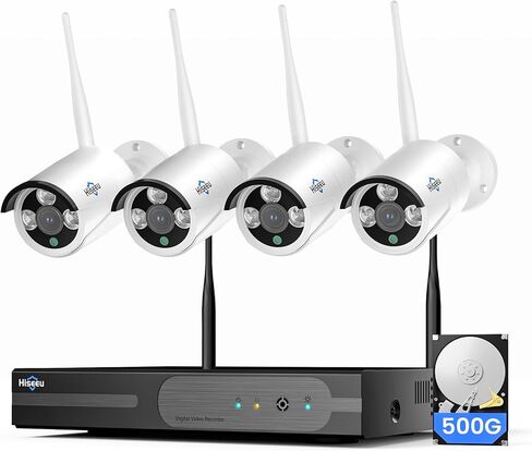 Hiseeu 4K 8MP Home Security Camera System Outdoor, 16CH NVR 4 Cam Kit | 24/7 Recording, No Subscription, 500GB HDD, Wired Plug-in Powered, Color Night Vision, Two-Way Audio, 2.4G & 5GHz WiFi, IP66 in Kuwait