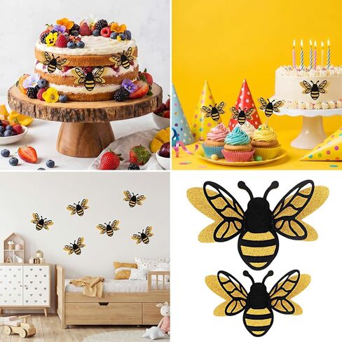 24 Pcs 3D Bee Wall Decor Shining Big Bumble Bees Decorations | 30 Adhesive Points, 2 Size Double Layer, Glitter Honey Bee Sticker in Kuwait
